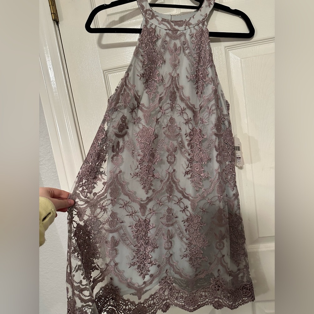 Grey/Blue dress with mesh purple overlay